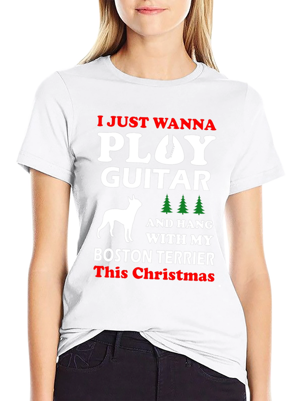 Play Guitar Boston Terrier Christmas T-Shirt
