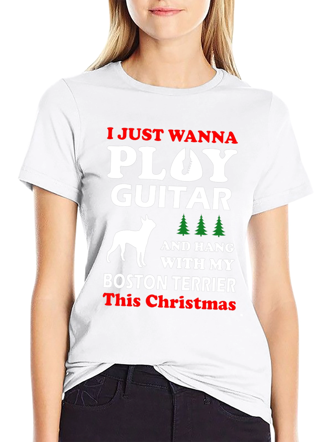 Play Guitar Boston Terrier Christmas T-Shirt