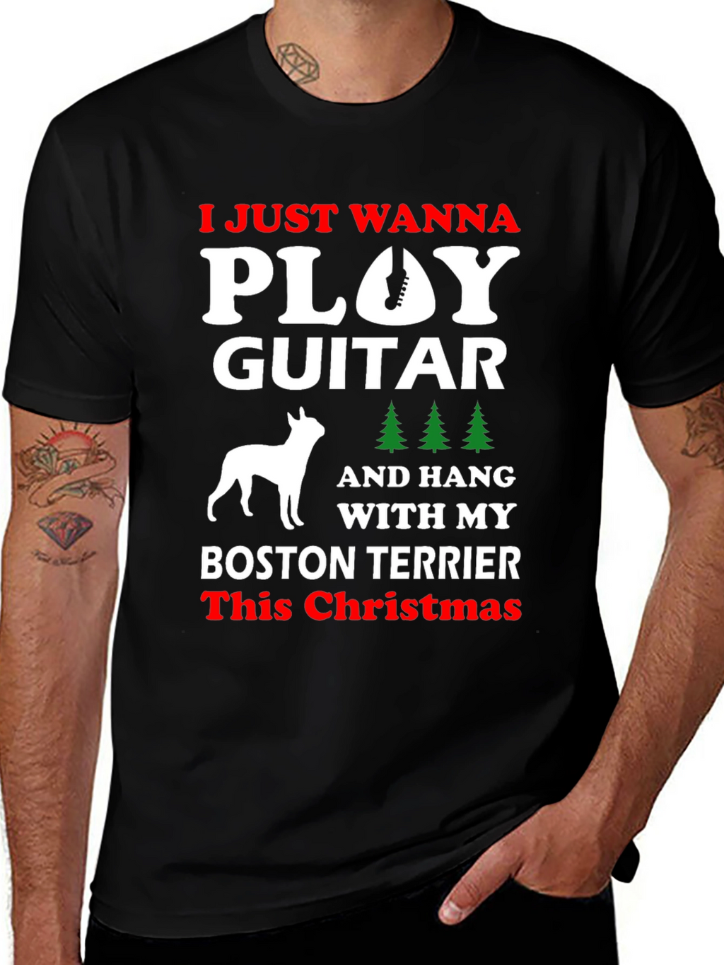 Play Guitar Boston Terrier Christmas T-Shirt