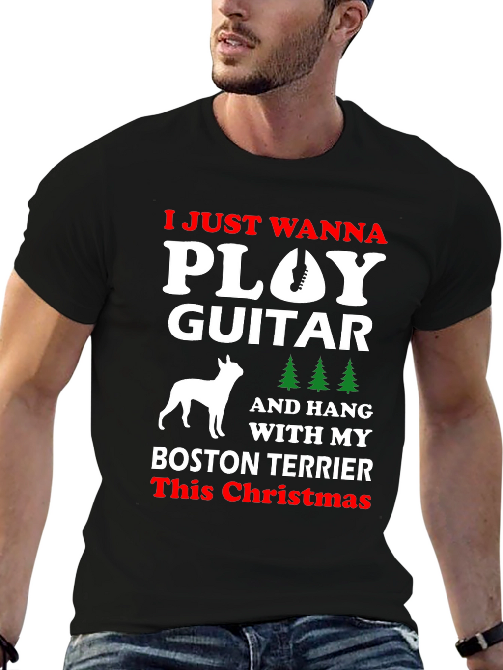 Play Guitar Boston Terrier Christmas T-Shirt
