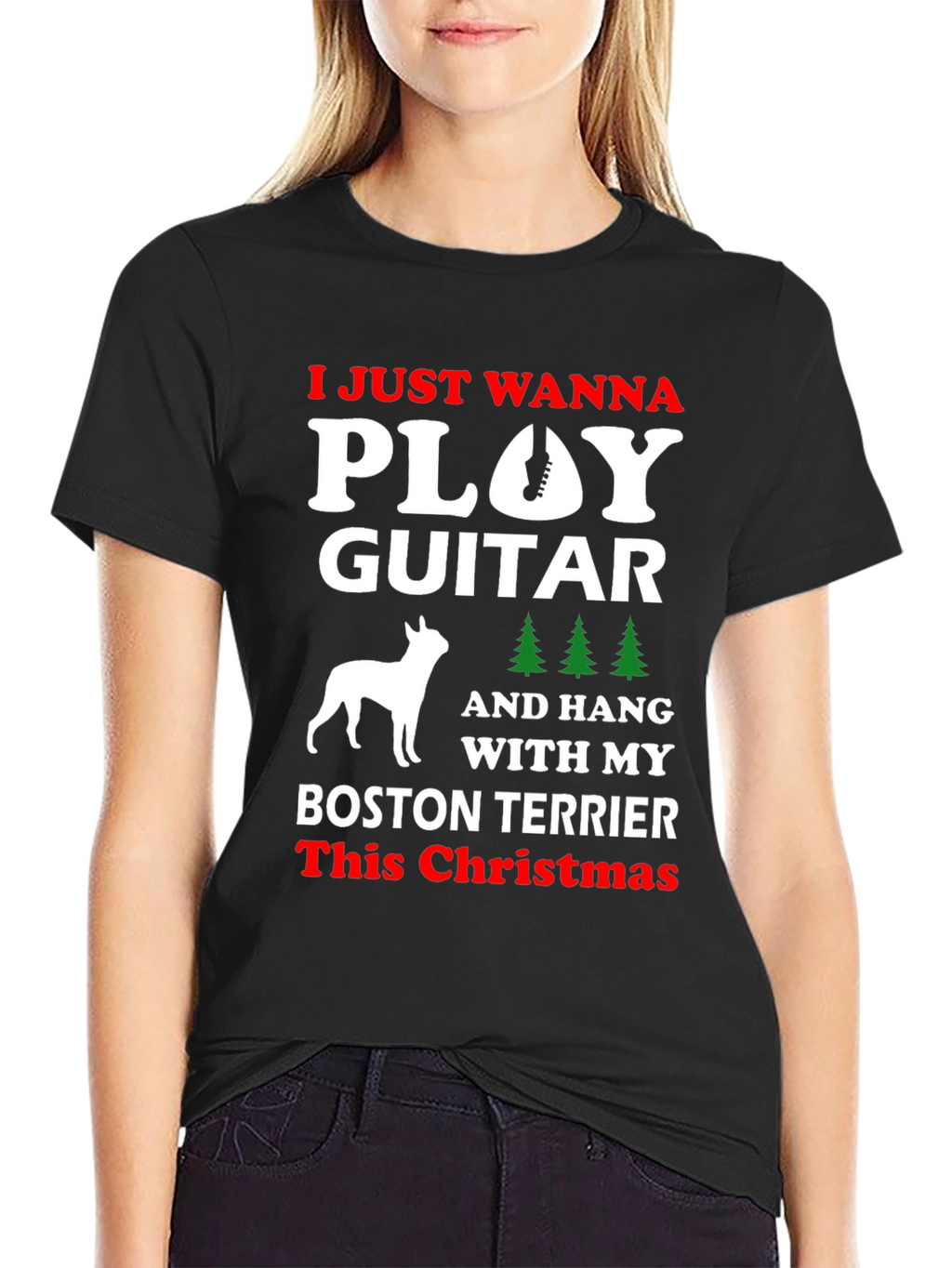 Play Guitar Boston Terrier Christmas T-Shirt