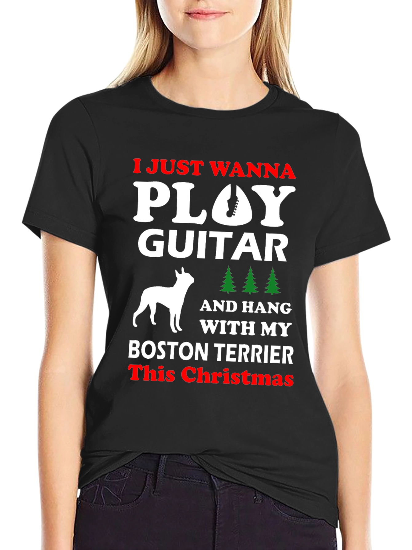 Play Guitar Boston Terrier Christmas T-Shirt