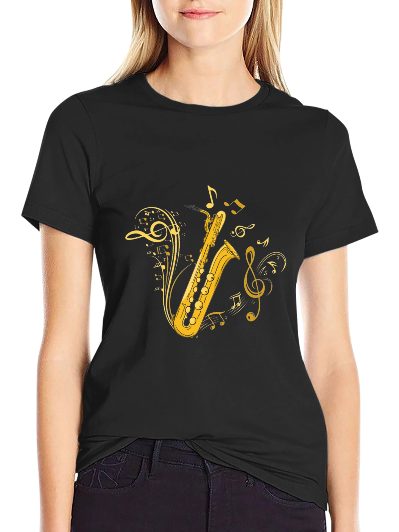 Saxophone Music Note Graphic Black T-Shirt