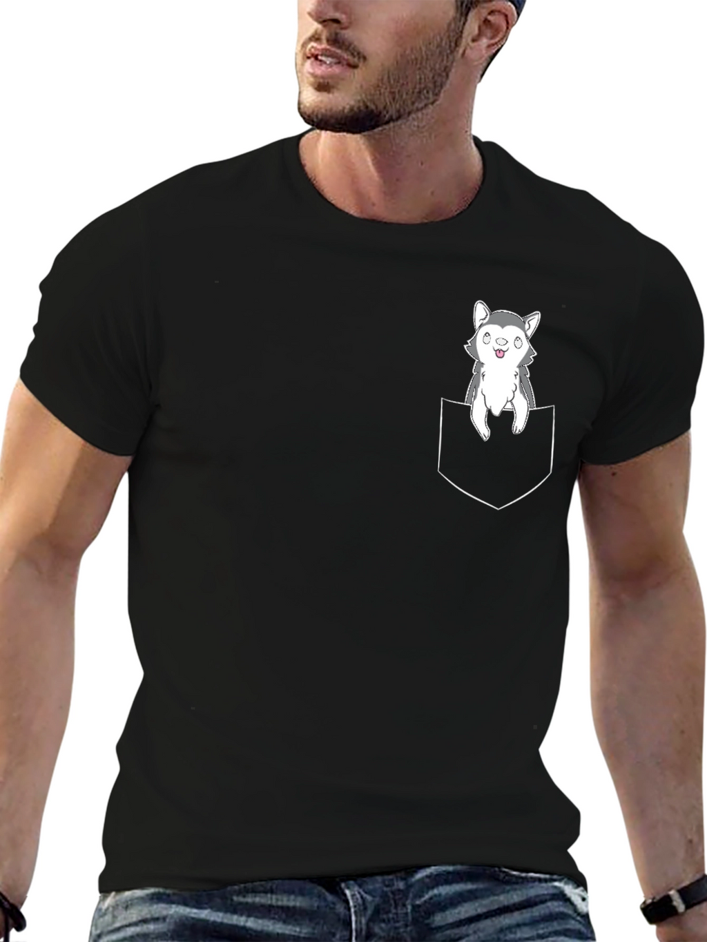 Husky Puppy Pocket T-Shirt - Cute Graphic Tee