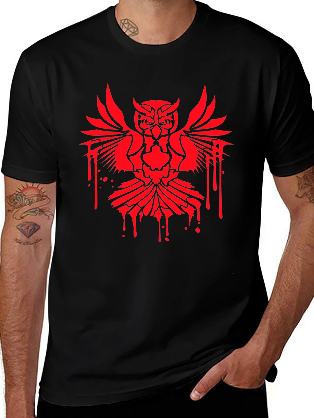 Mens Black T-Shirt with Red Owl Graphic