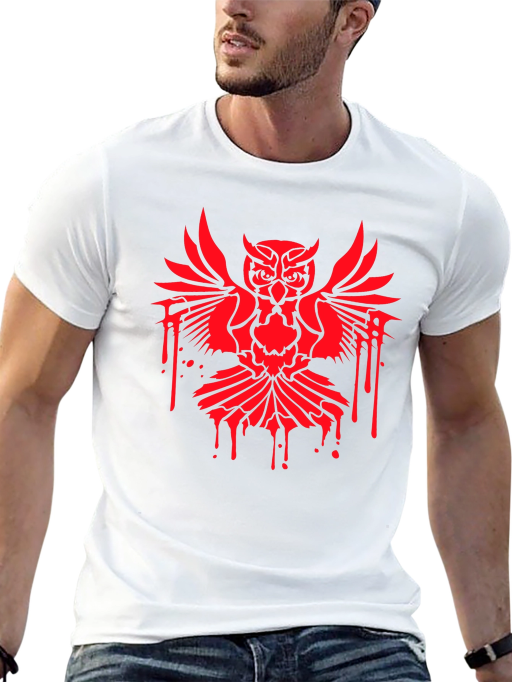 Mens Black T-Shirt with Red Owl Graphic