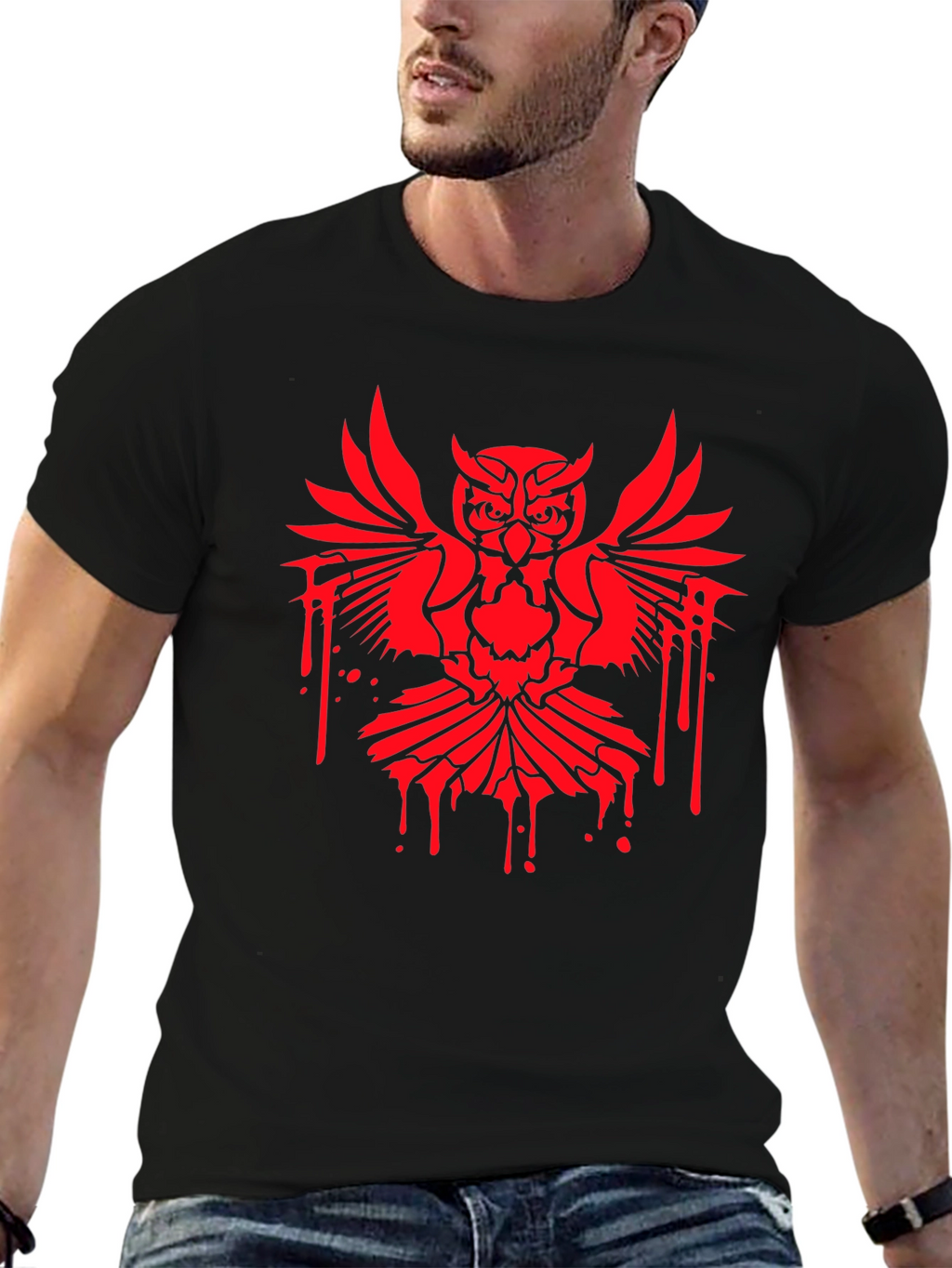Mens Black T-Shirt with Red Owl Graphic