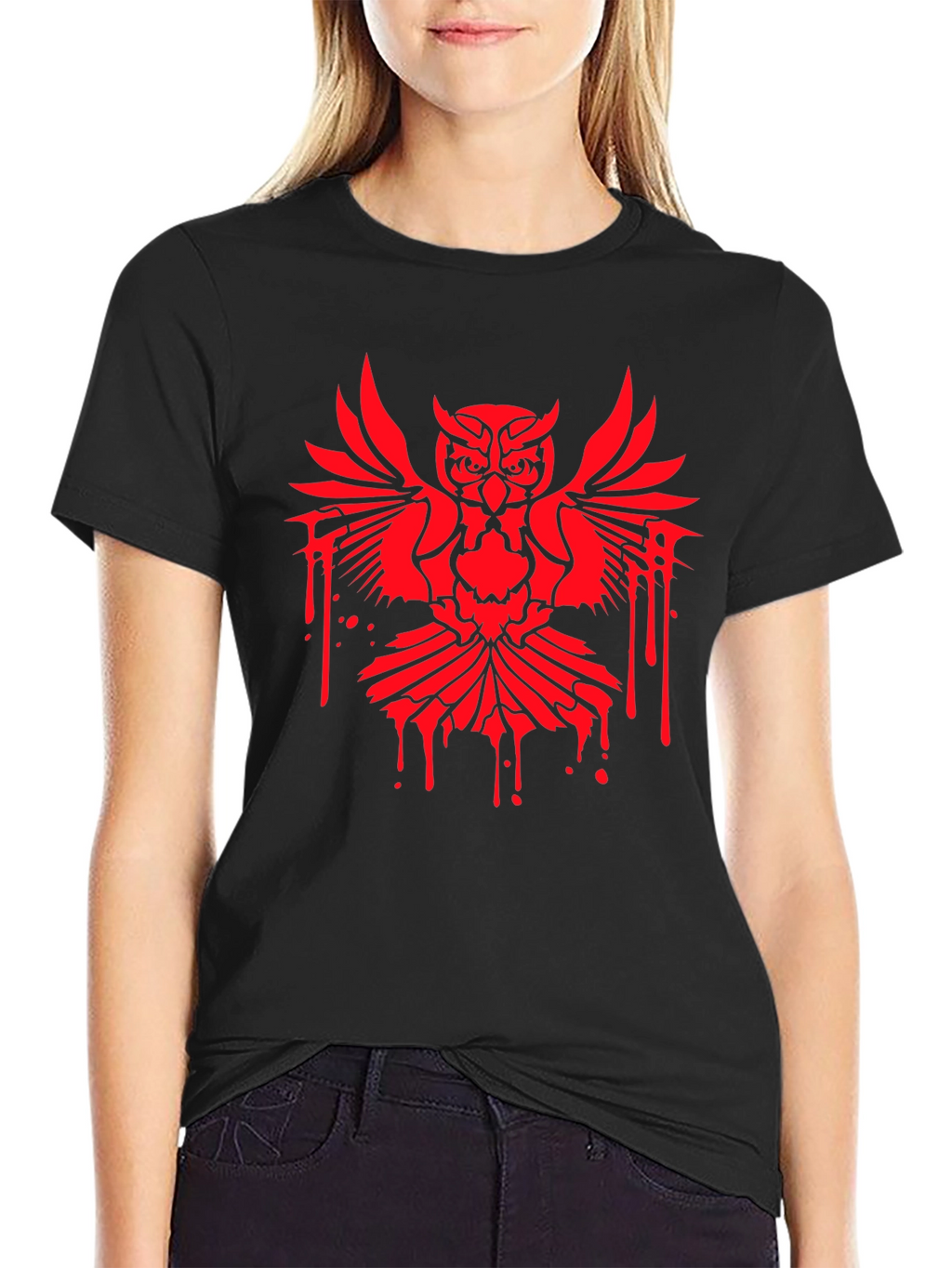 Mens Black T-Shirt with Red Owl Graphic