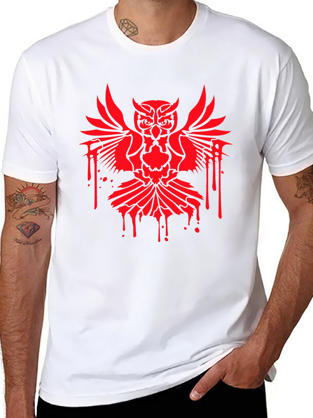 Mens Black T-Shirt with Red Owl Graphic