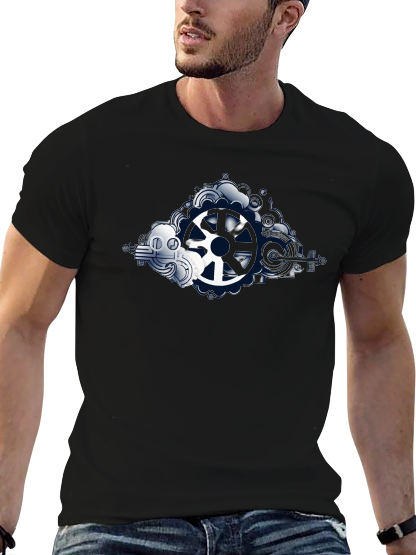 Steampunk Gear Graphic Tee - Black Cotton Blend