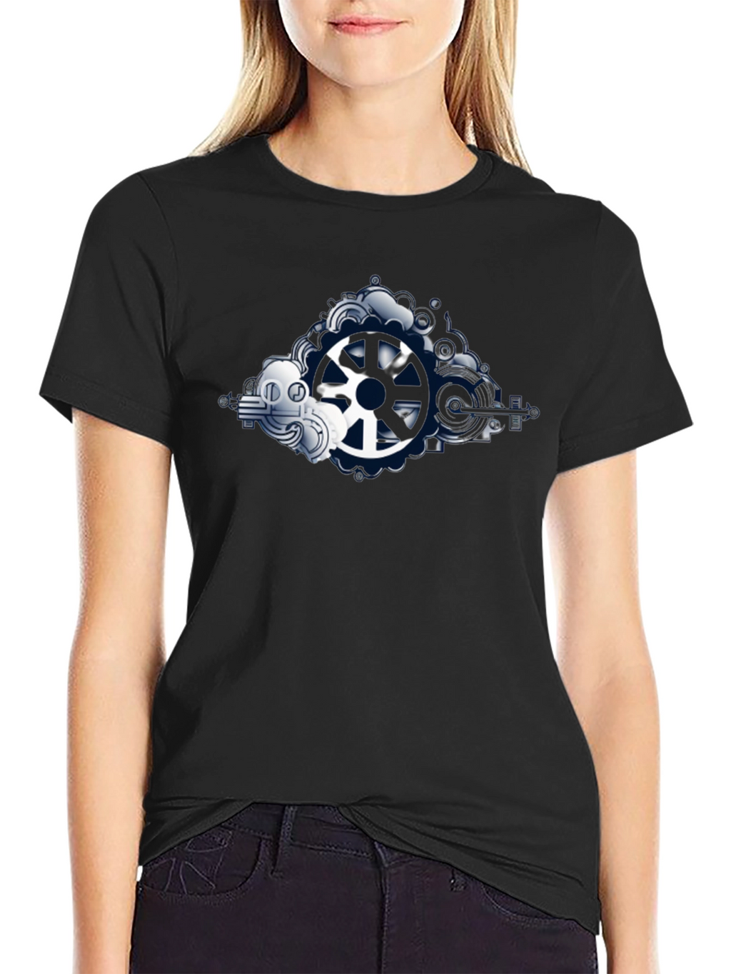 Steampunk Gear Graphic Tee - Black Cotton Blend