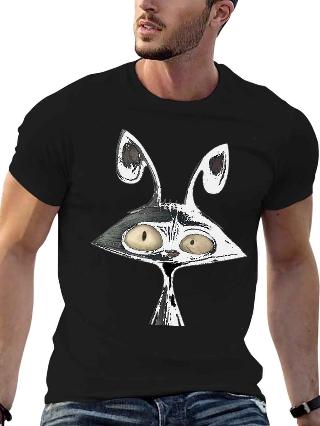 Cartoon Rabbit Graphic Black Cotton Tee