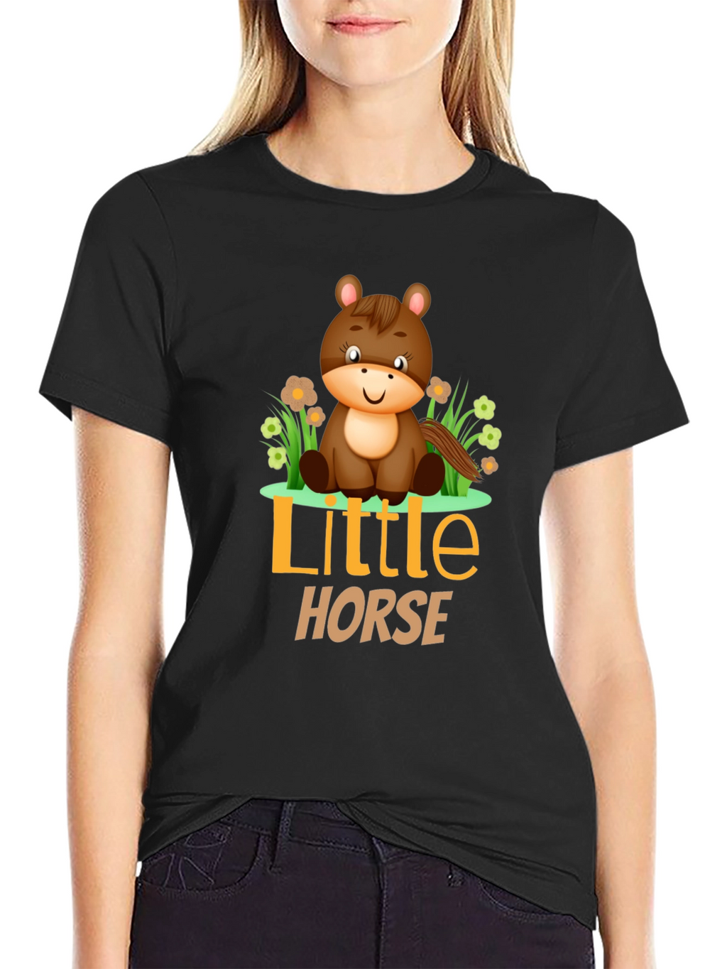Cute Little Horse Graphic Tee - Black