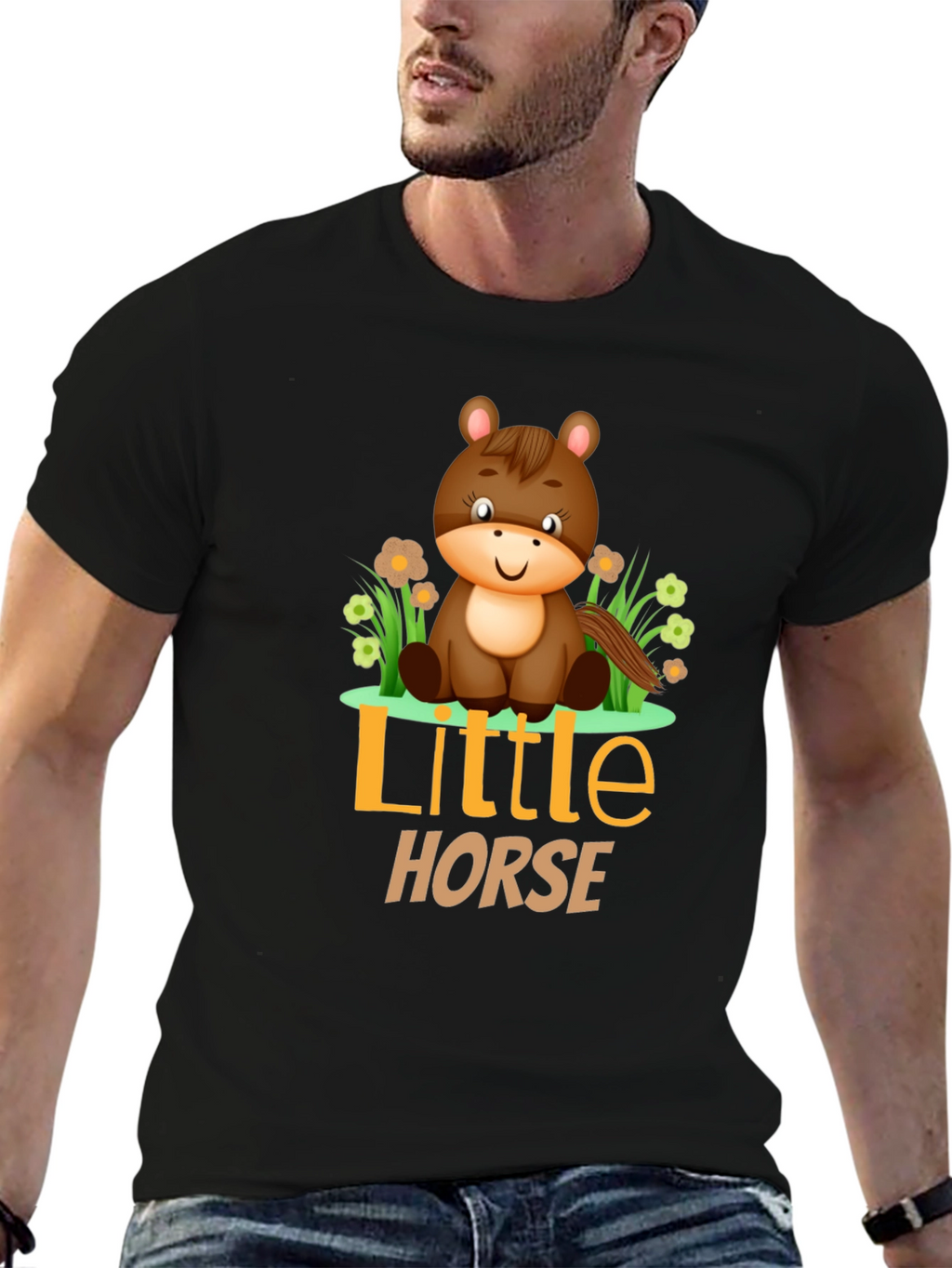 Cute Little Horse Graphic Tee - Black