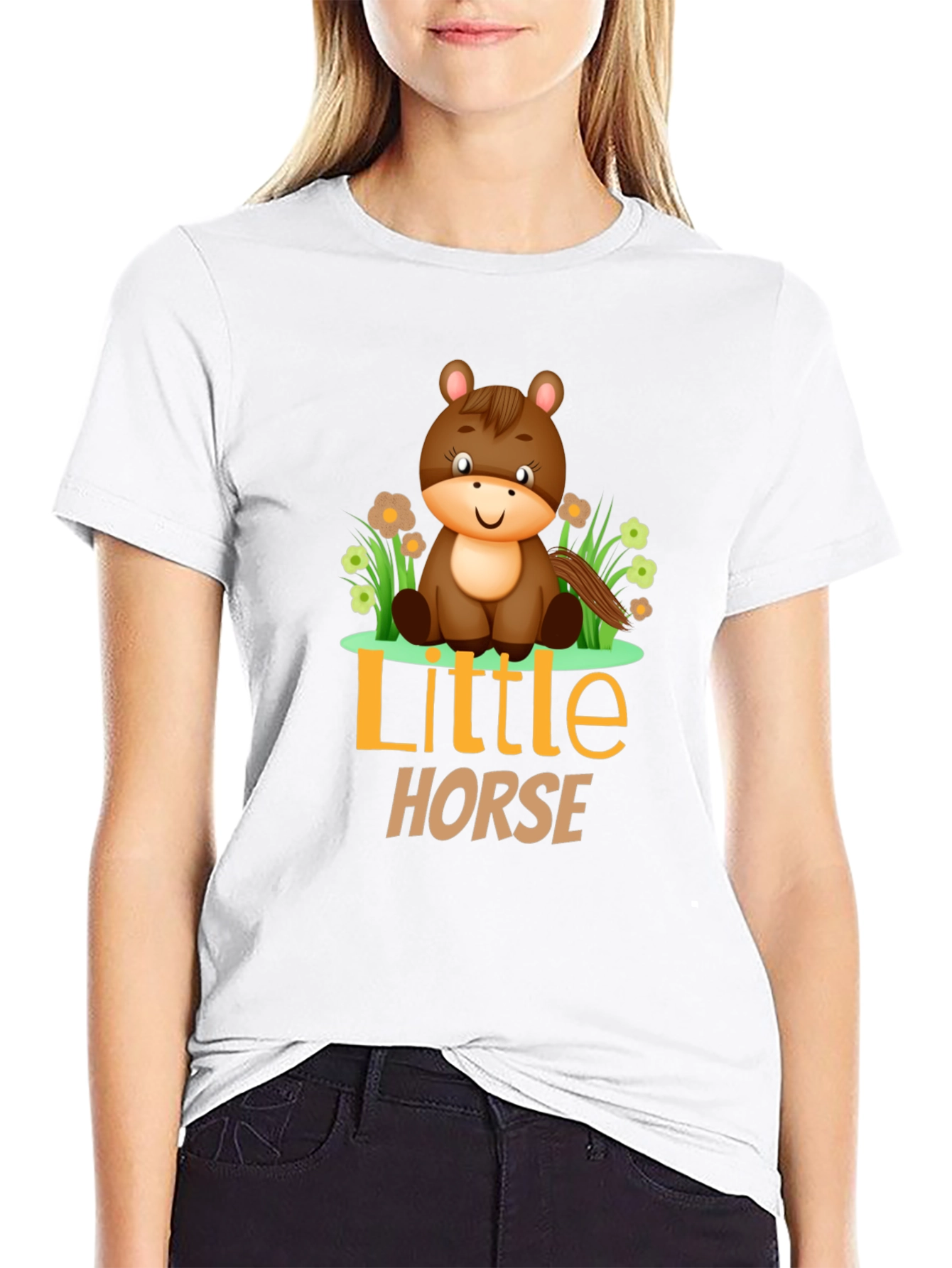 Cute Little Horse Graphic Tee - Black