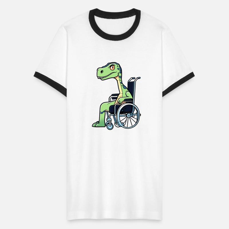 a broken legged dinosaur on wheelchair
