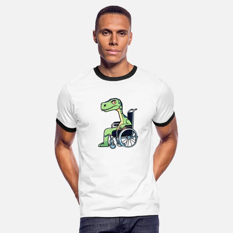 a broken legged dinosaur on wheelchair