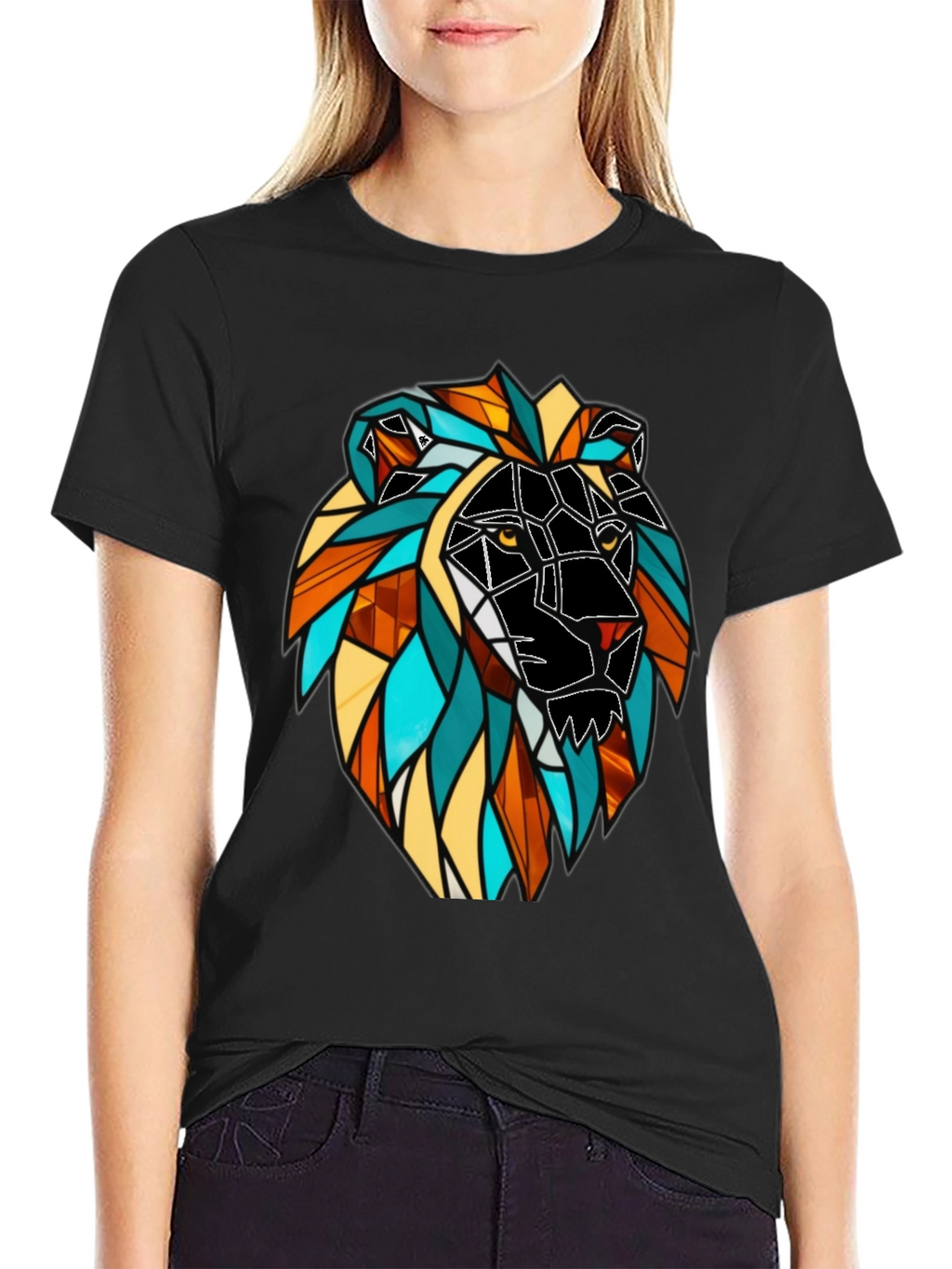 Geometric Lion Graphic Black T-Shirt