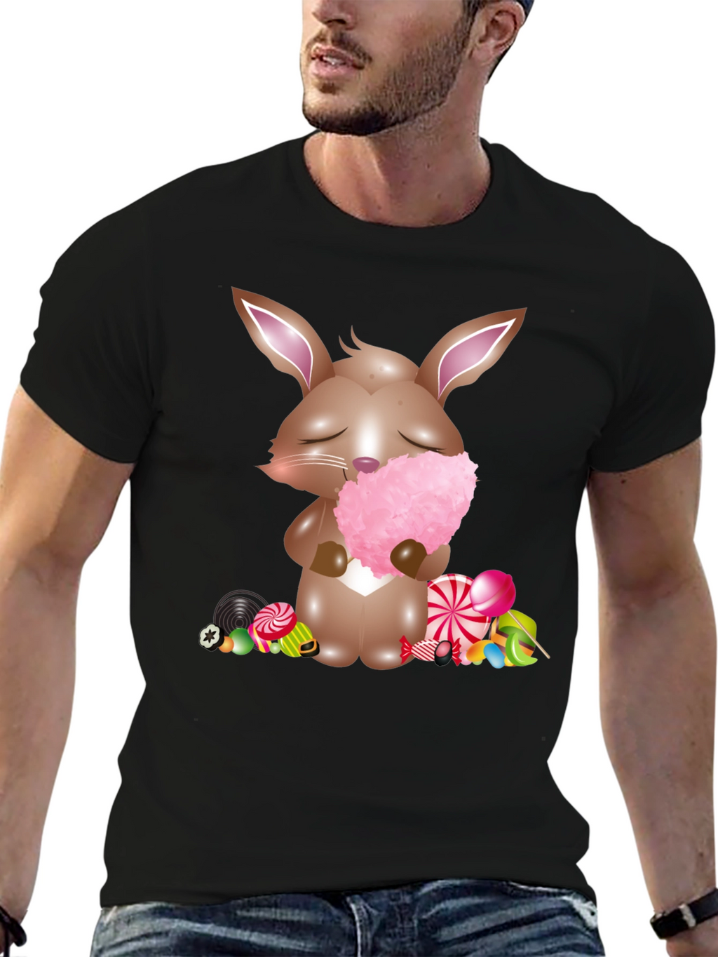 Bunny with Cotton Candy Black T-Shirt
