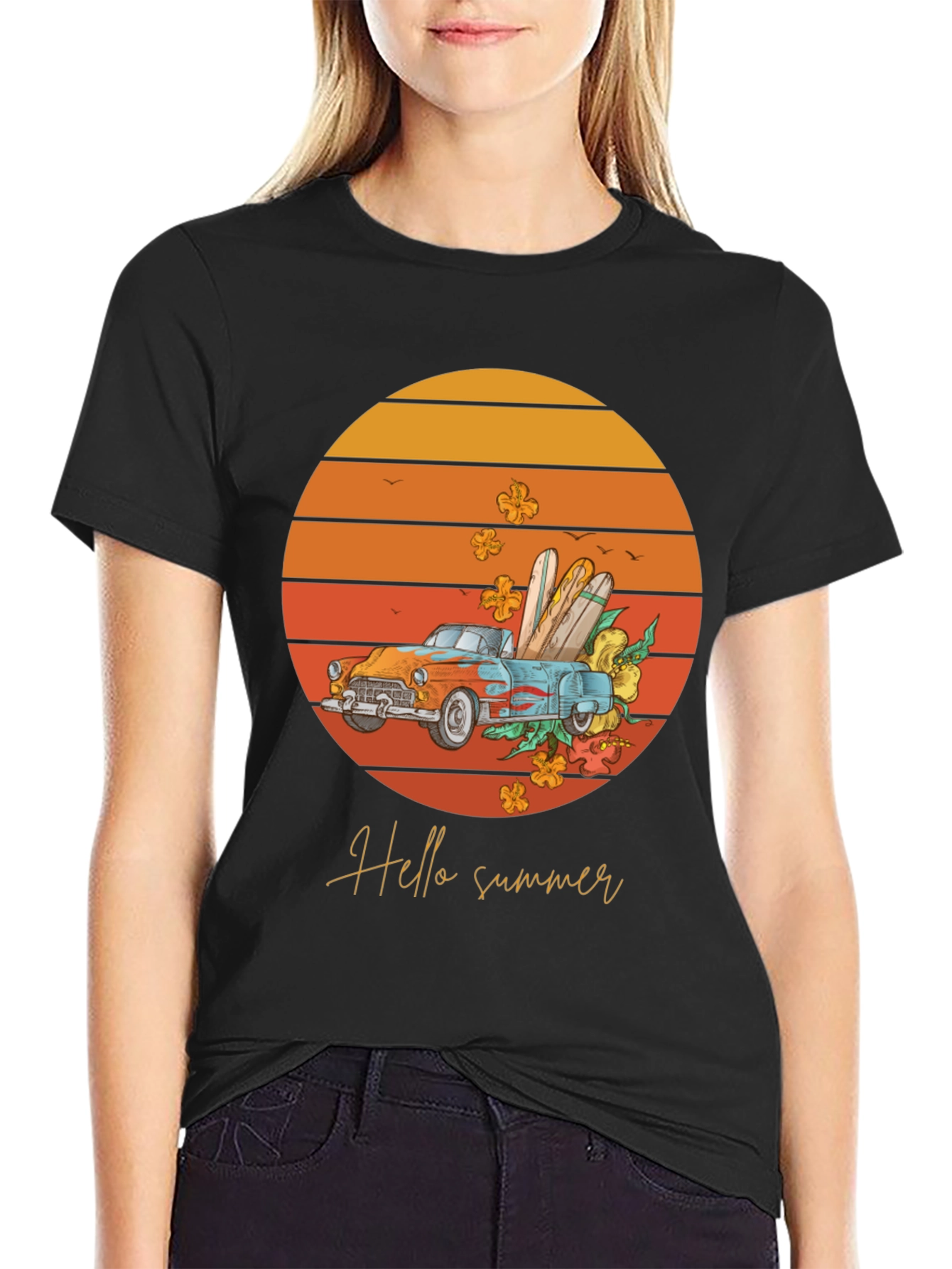 Hello Summer T-Shirt - Sunset Car Graphic Tee