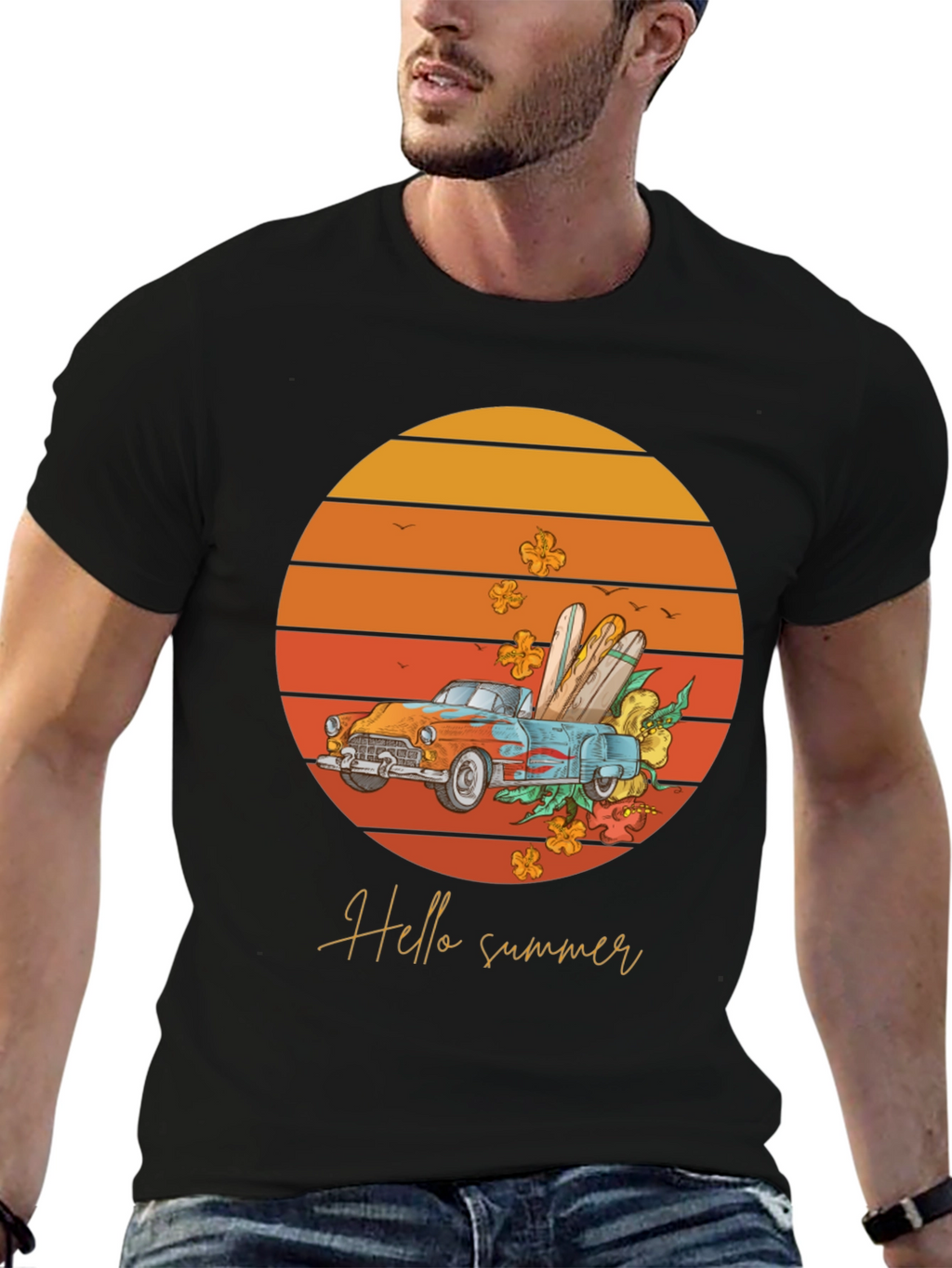 Hello Summer T-Shirt - Sunset Car Graphic Tee