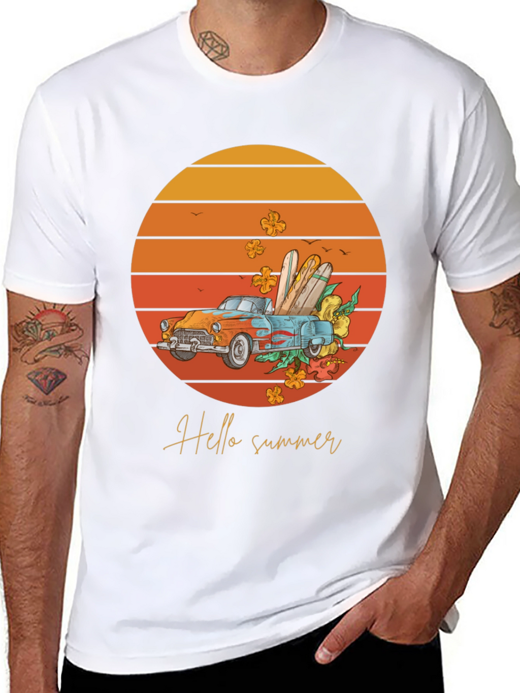 Hello Summer T-Shirt - Sunset Car Graphic Tee