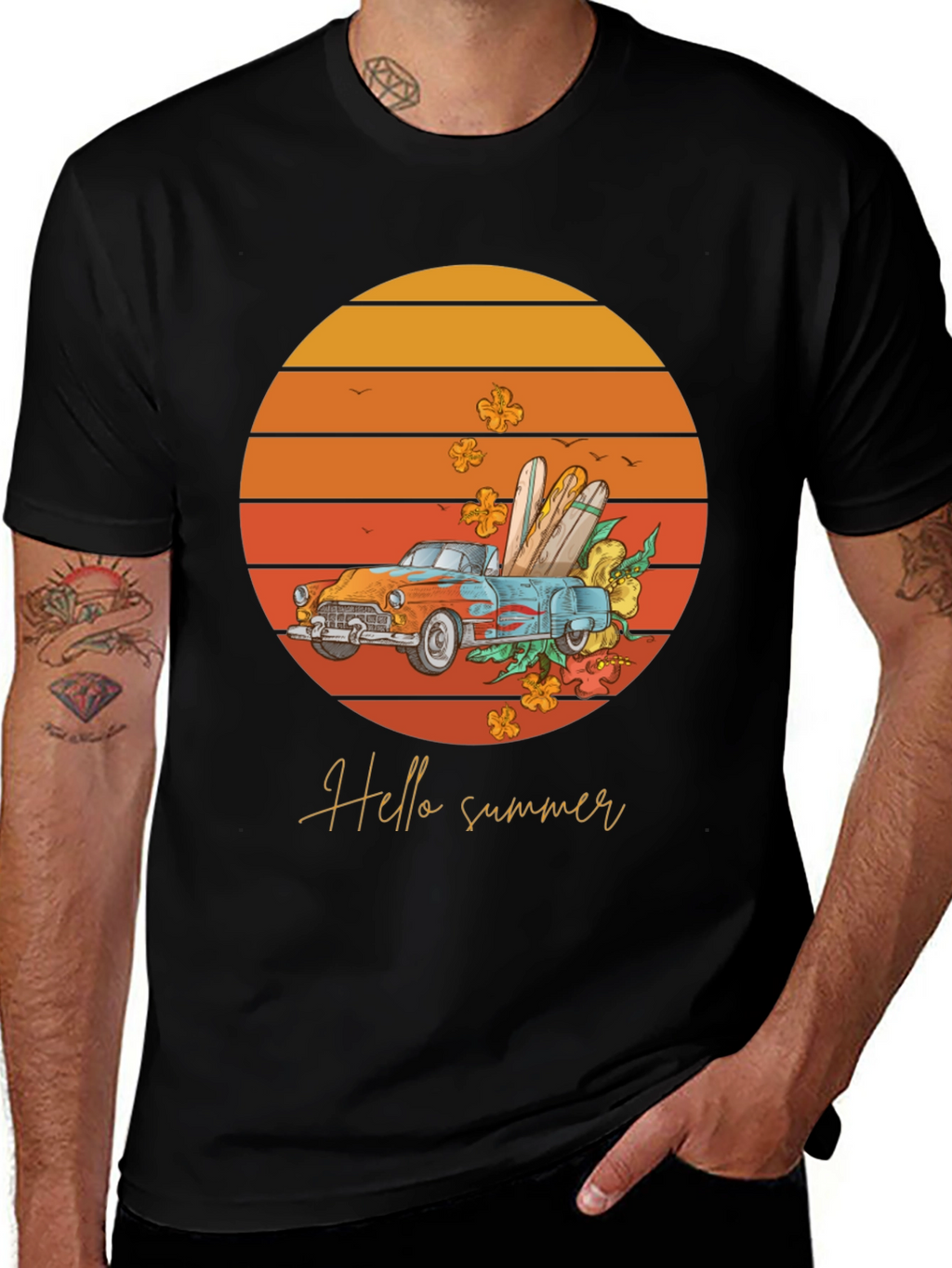 Hello Summer T-Shirt - Sunset Car Graphic Tee