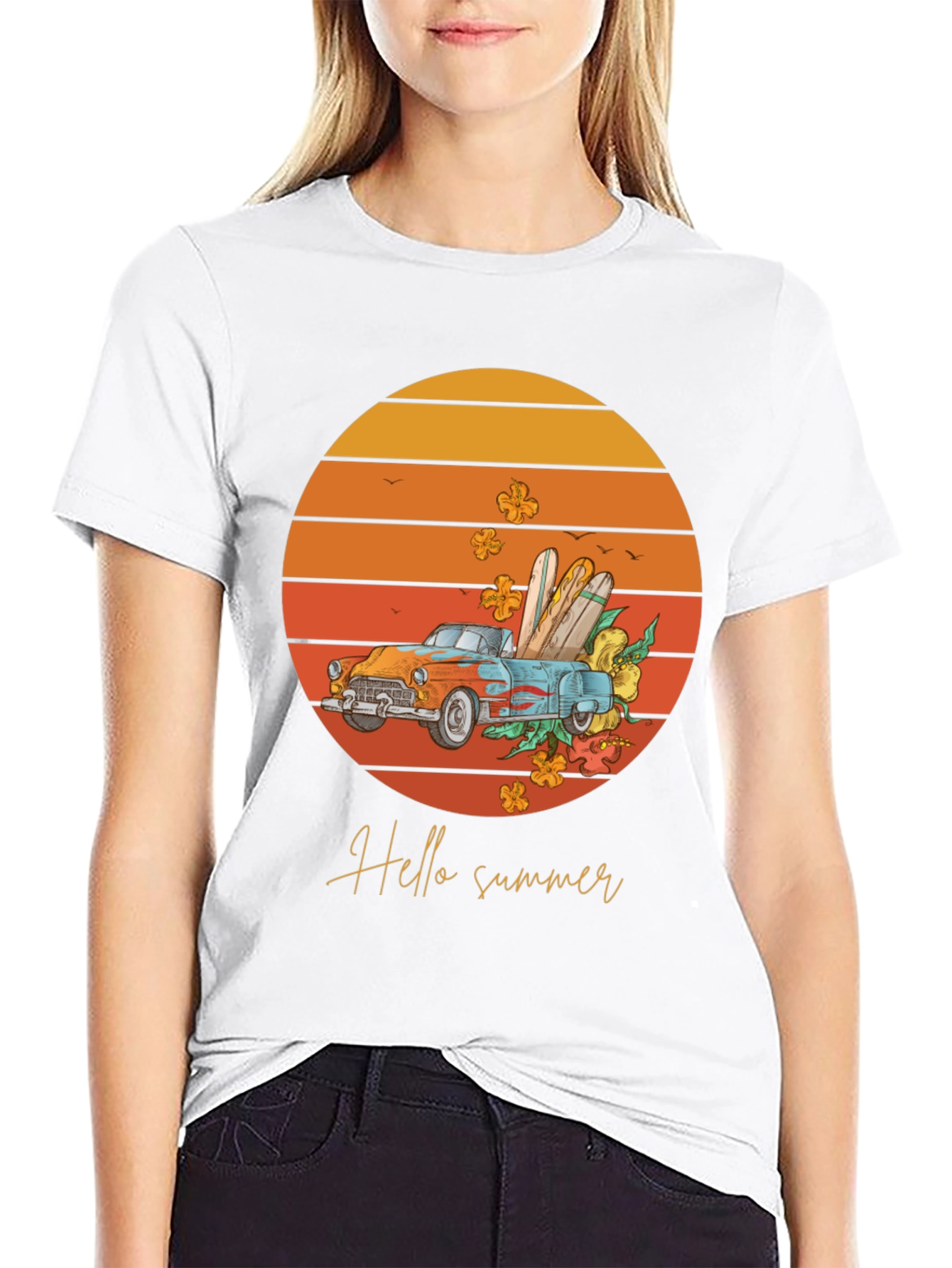Hello Summer T-Shirt - Sunset Car Graphic Tee