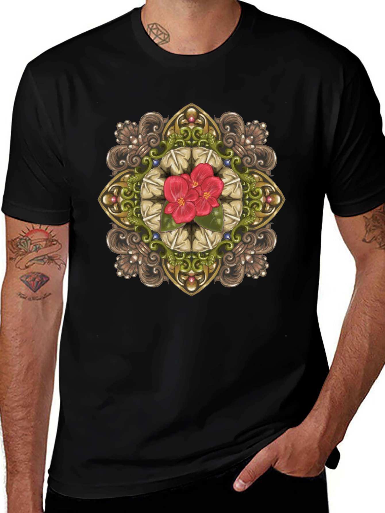 Floral Mandala Graphic Black T-Shirt