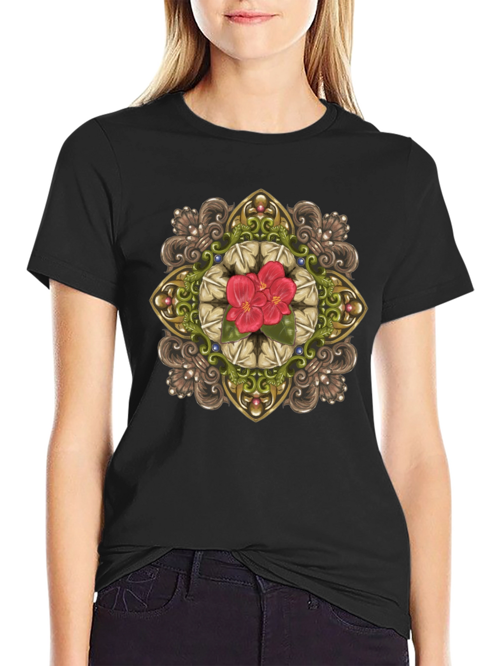 Floral Mandala Graphic Black T-Shirt