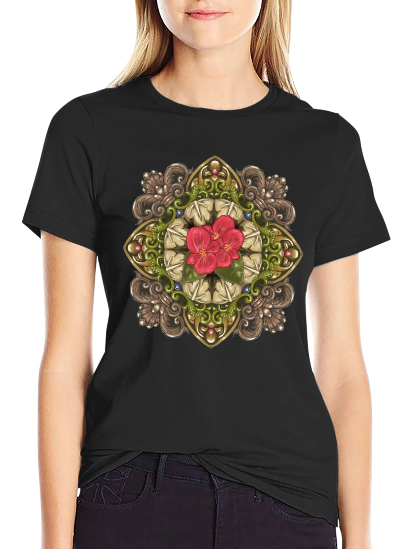 Floral Mandala Graphic Black T-Shirt