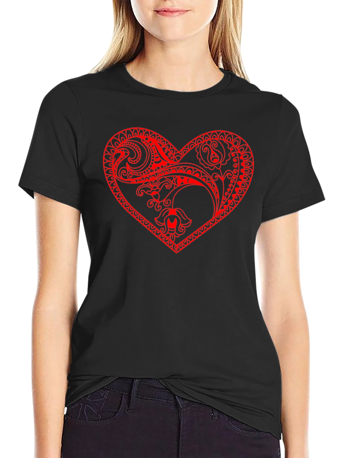 Black Tee with Red Heart Design
