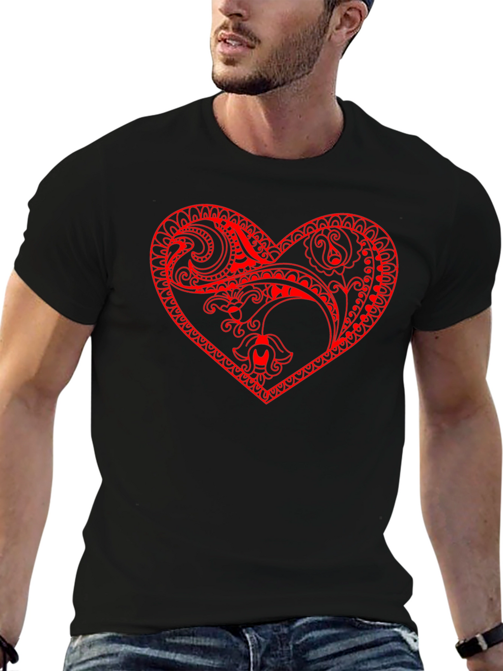 Black Tee with Red Heart Design