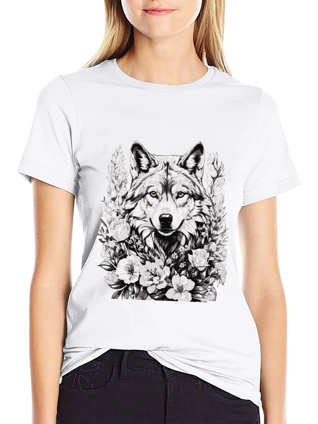 Wolf and Floral Graphic Print Tee