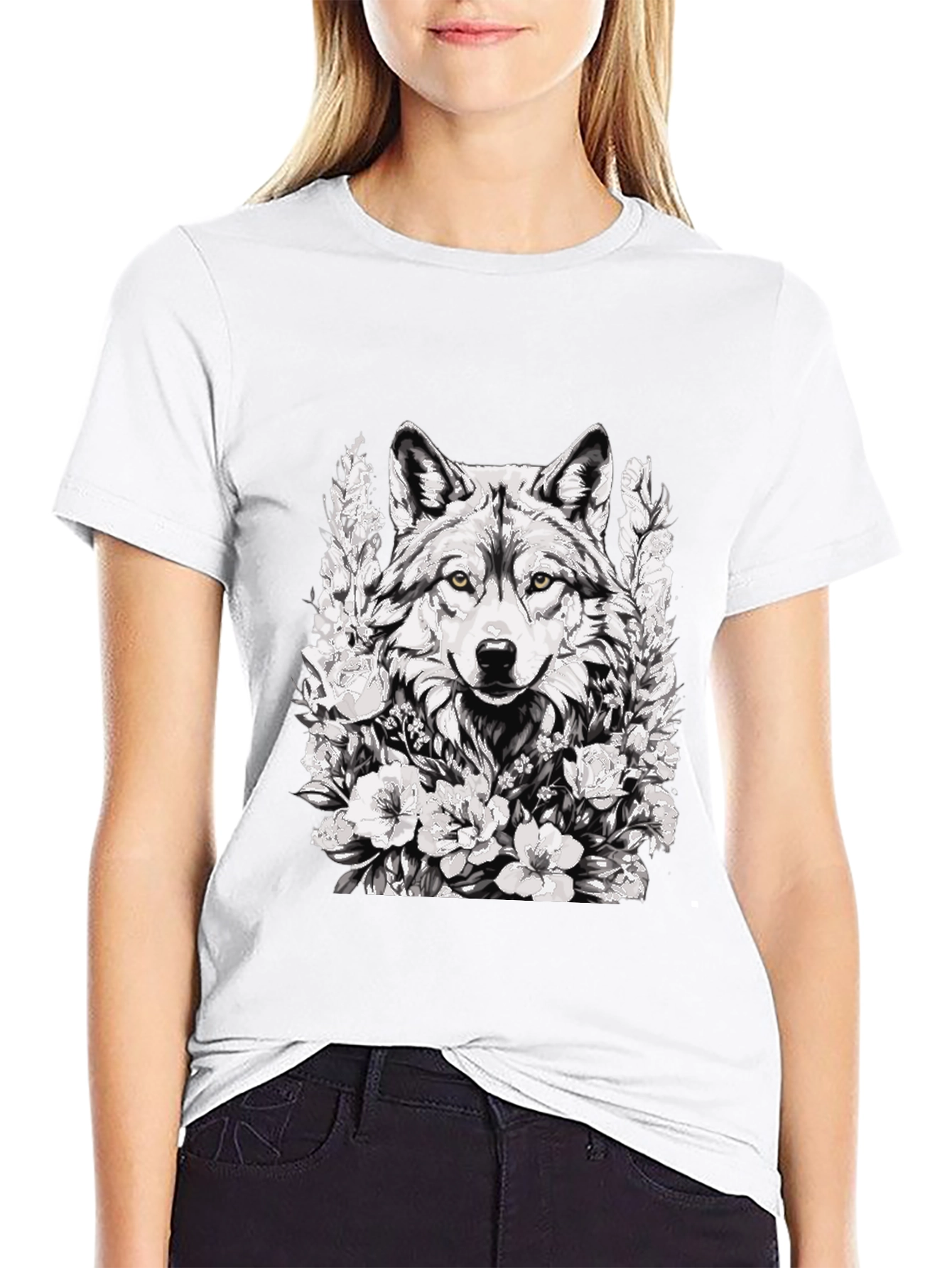 Wolf and Floral Graphic Print Tee