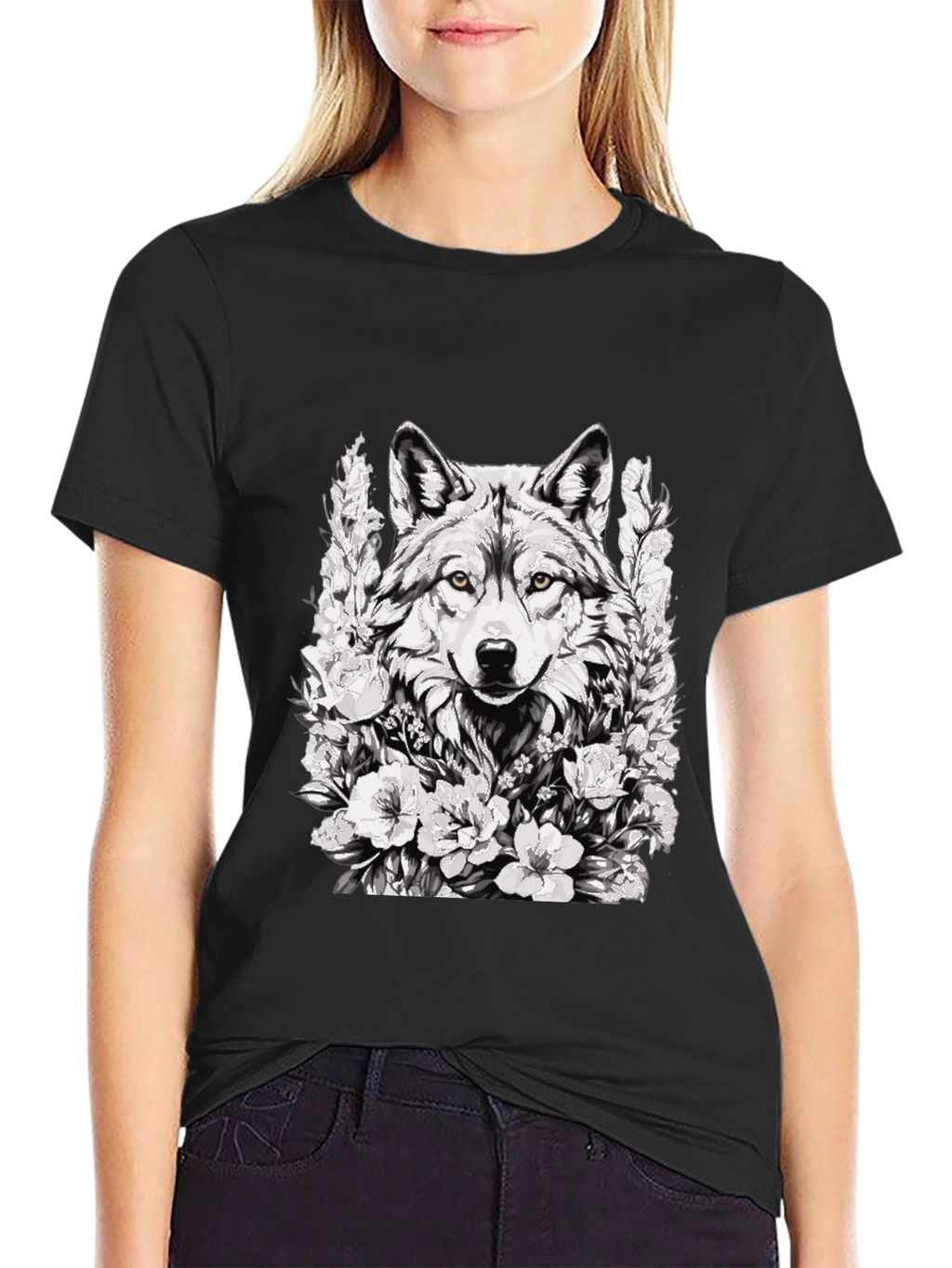 Wolf and Floral Graphic Print Tee