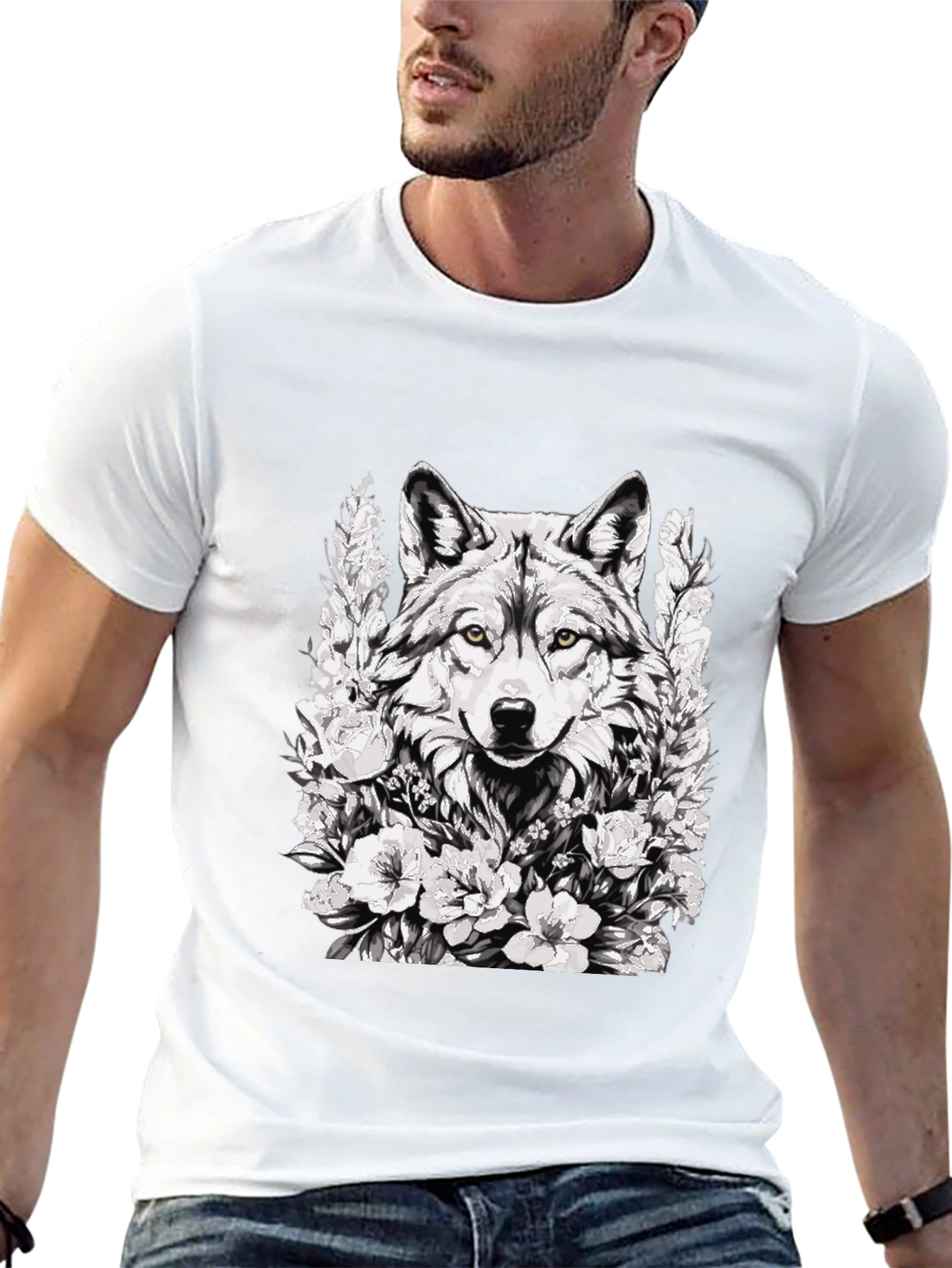 Wolf and Floral Graphic Print Tee