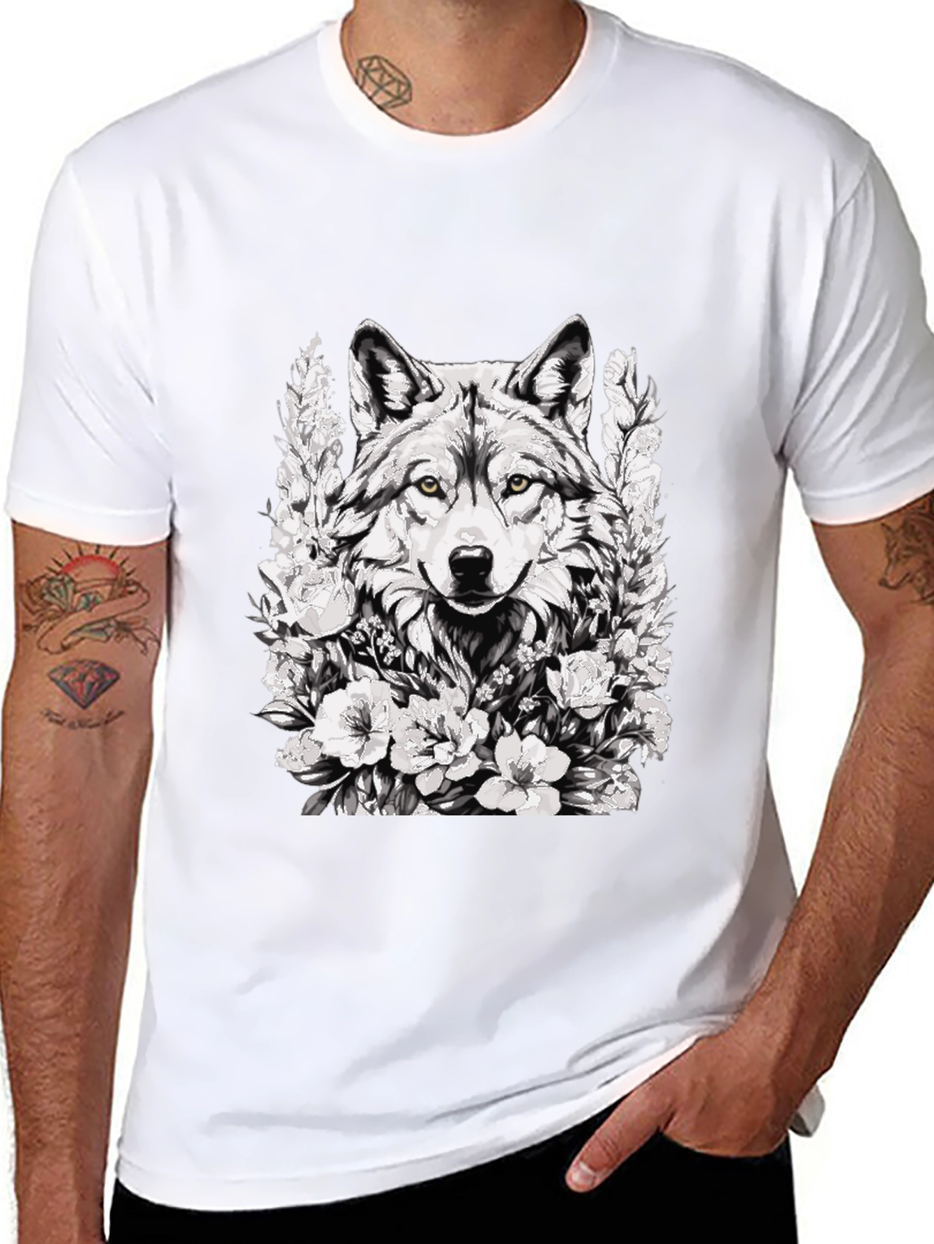 Wolf and Floral Graphic Print Tee