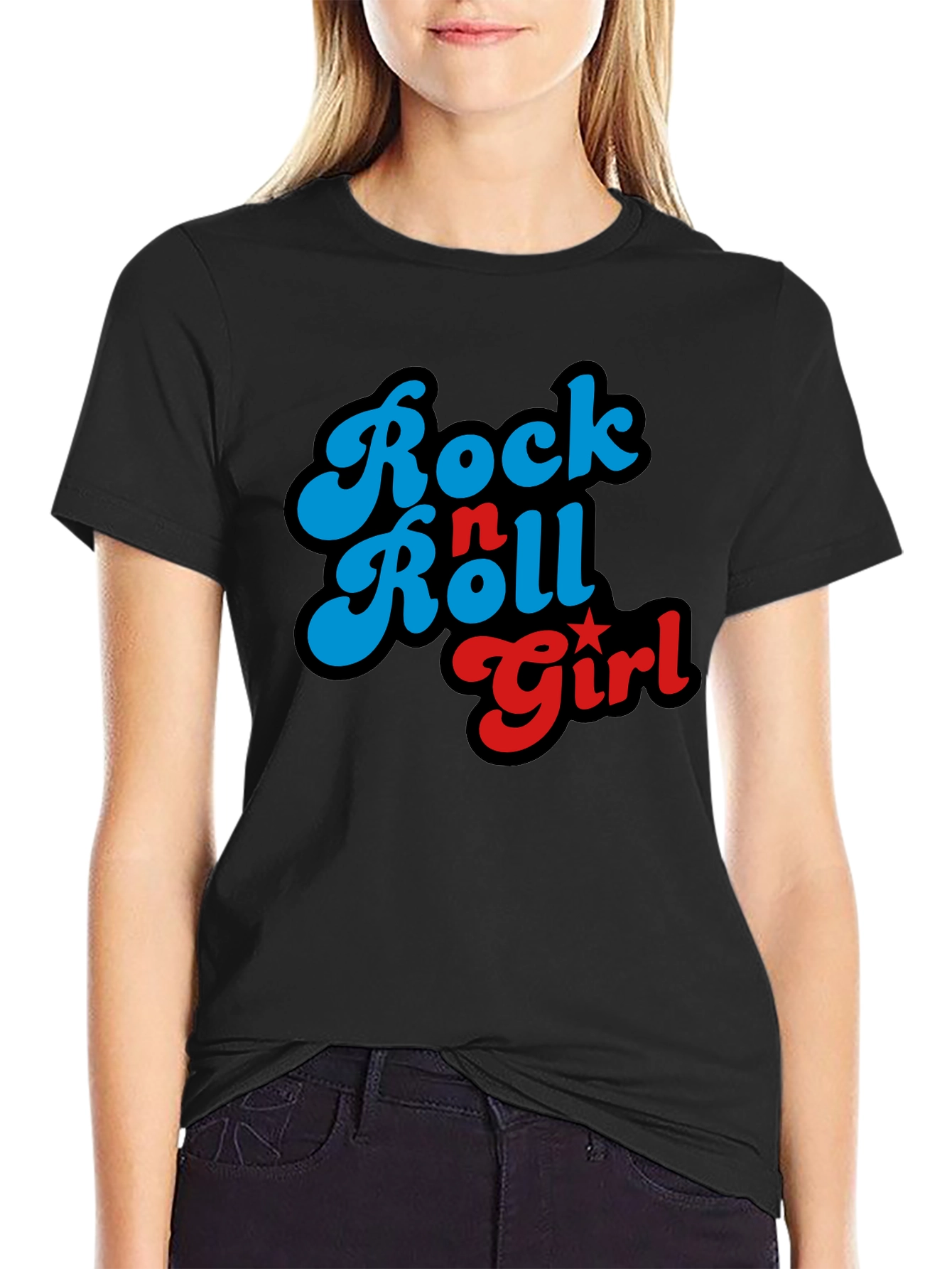 Rock n Roll Girl Graphic Print Black T-Shirt