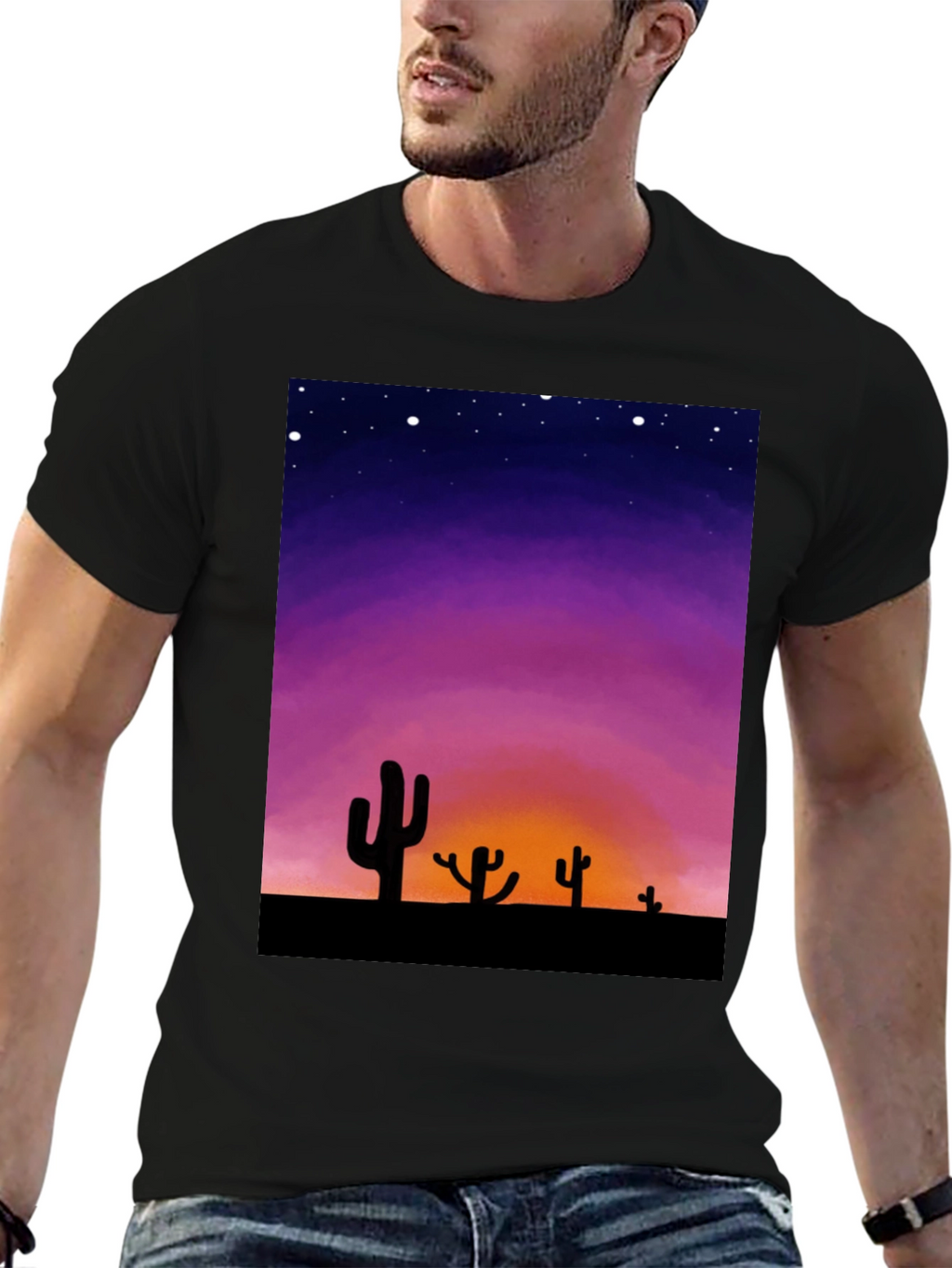 Cactus Sunset Graphic Tee - Black Cotton T-Shirt