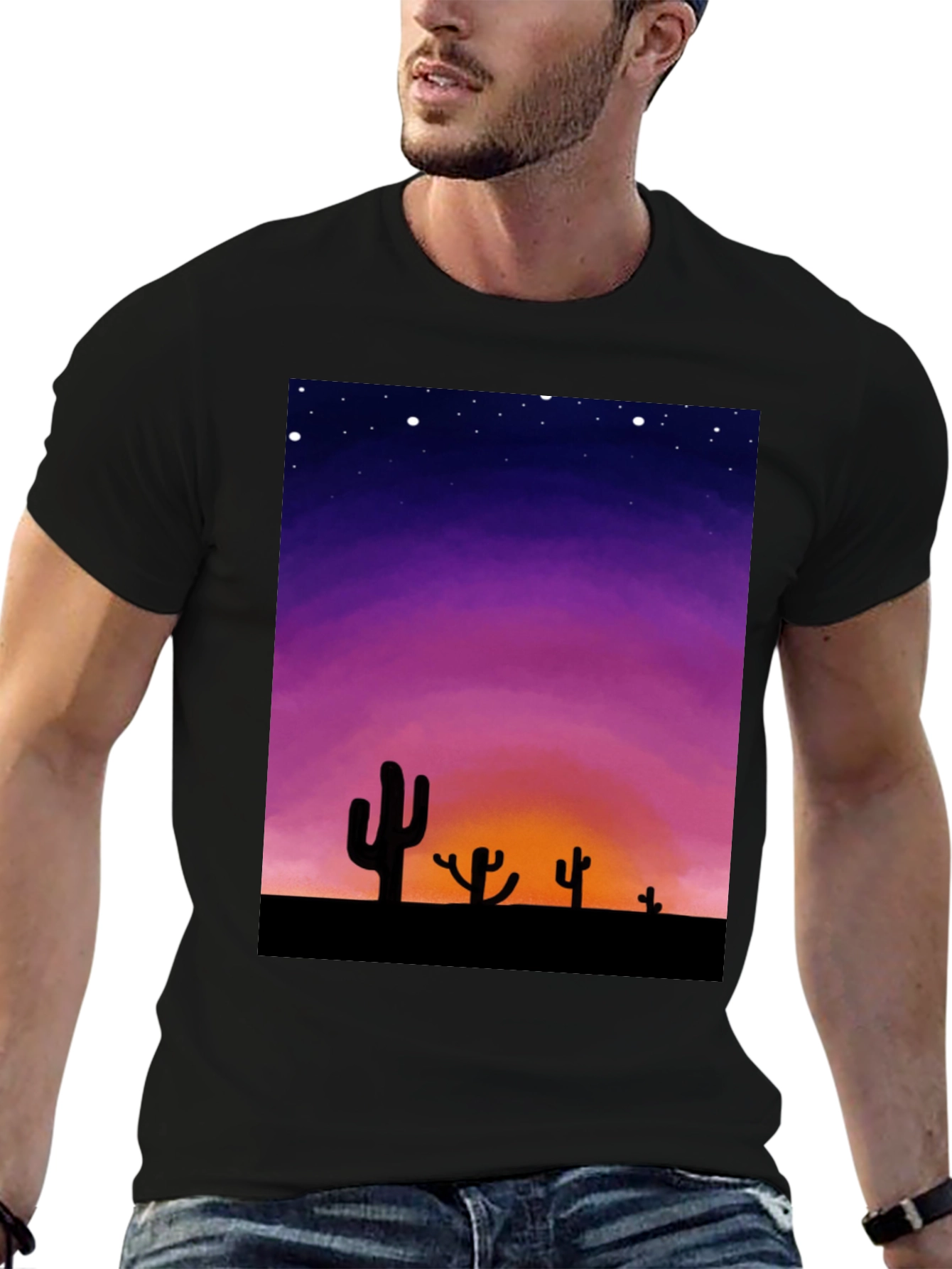 Cactus Sunset Graphic Tee - Black Cotton T-Shirt