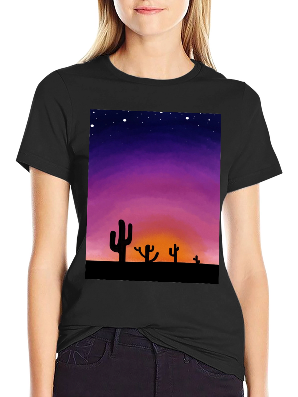 Cactus Sunset Graphic Tee - Black Cotton T-Shirt