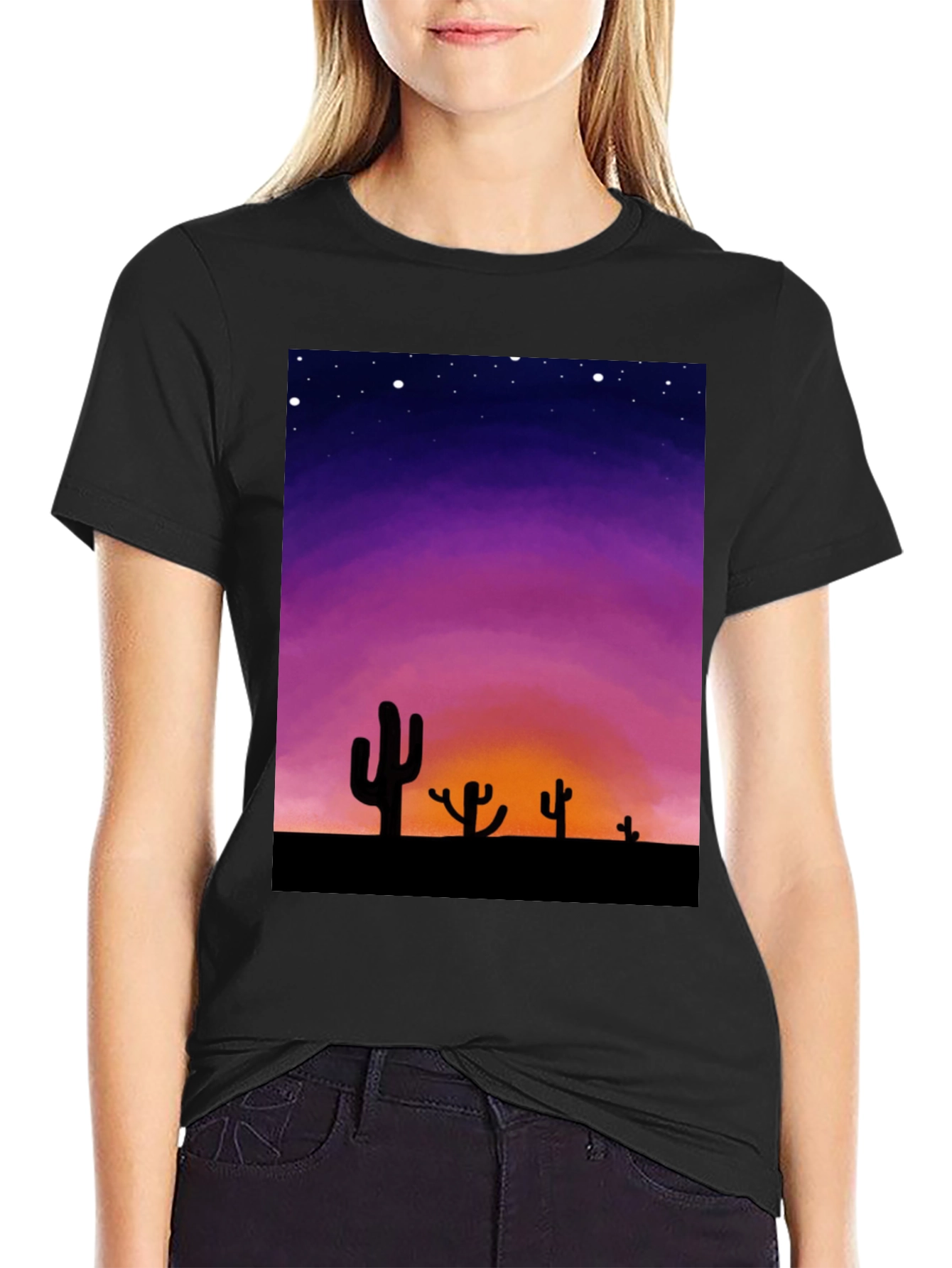 Cactus Sunset Graphic Tee - Black Cotton T-Shirt