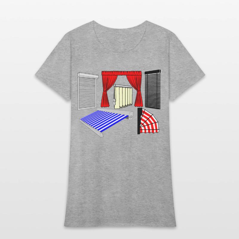 Blinds curtains red, canopies blue white striped,