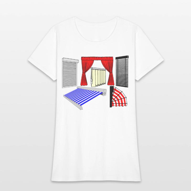 Blinds curtains red, canopies blue white striped,