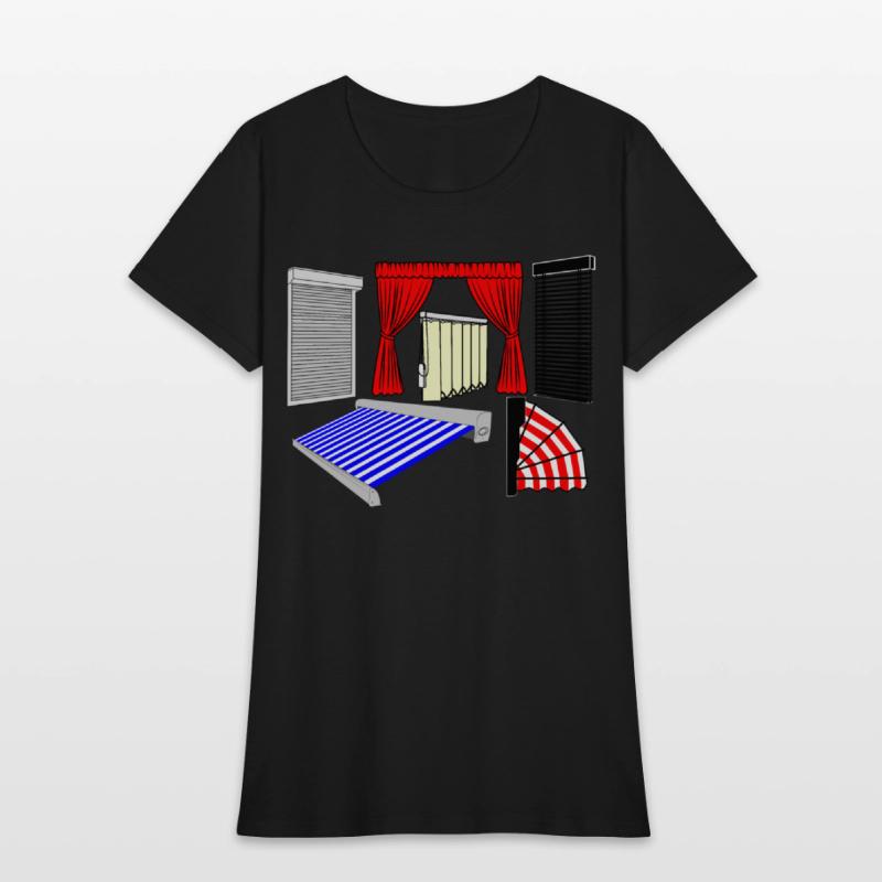 Blinds curtains red, canopies blue white striped,