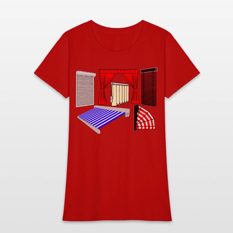 Blinds curtains red, canopies blue white striped,