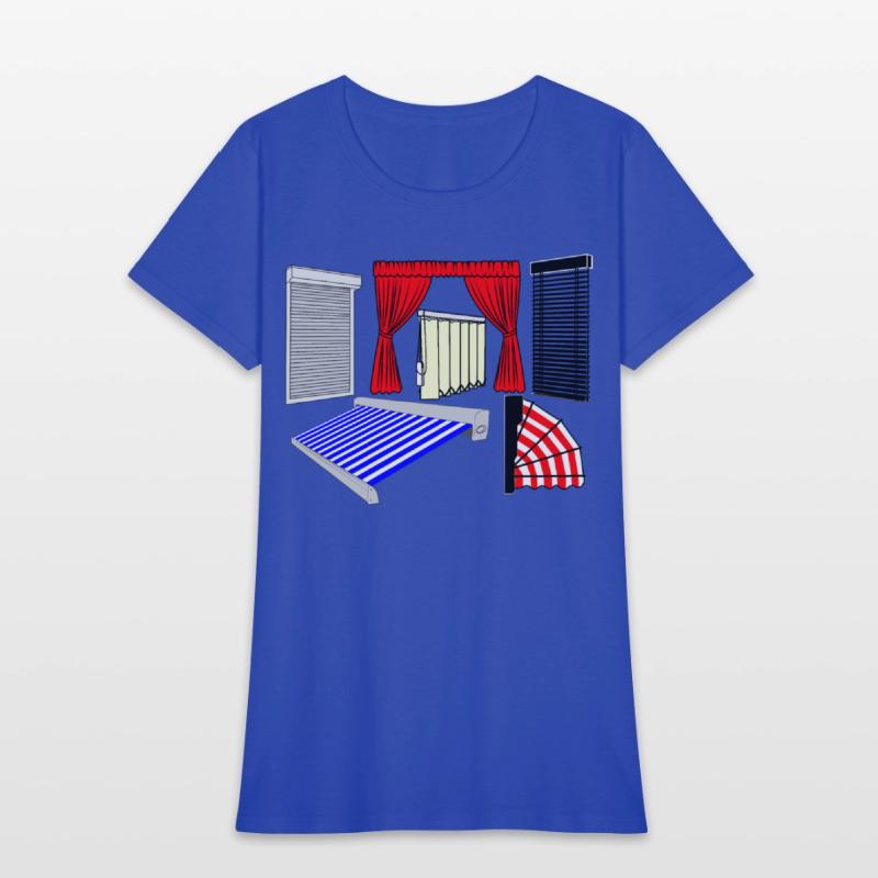 Blinds curtains red, canopies blue white striped,