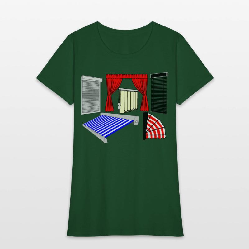 Blinds curtains red, canopies blue white striped,