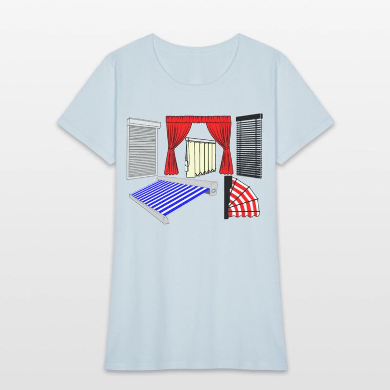 Blinds curtains red, canopies blue white striped,